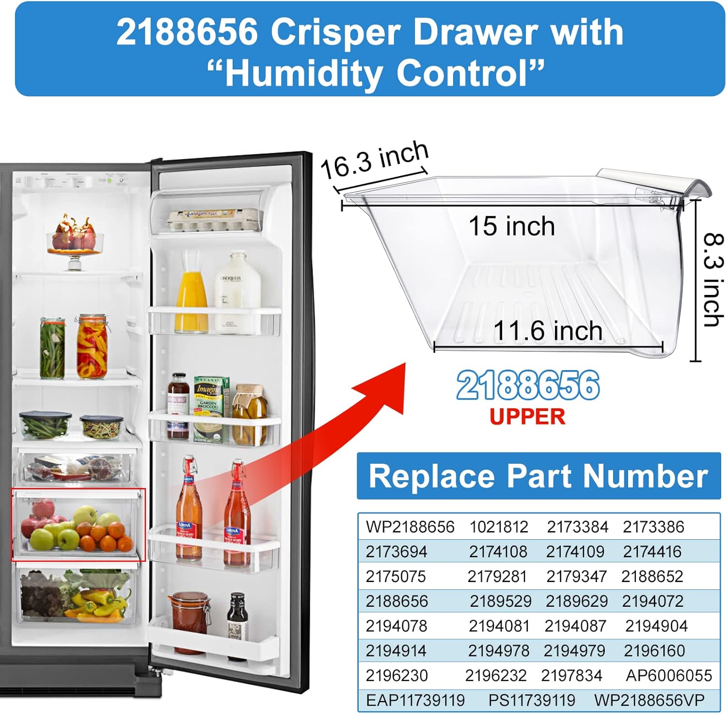 [2 Pack] Upgraded 2188656 Fridge Crisper Drawer UPPER Humidity Control Drawer & 2188664 Crisper Bin LOWER Refrigerator Drawer Replacement For Kenmore Whirlpool Fridge Drawer Parts WRS325FDAM04 Drawer