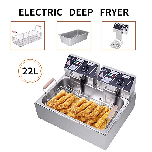 Dual Tank Electric Deep Fryer Stainless Steel Construction Accurate Thermostats Ideal for French Fries, Fried Chicken, and More 110V Voltage 4 Feet Stability Safe Operation 12L Capacity 5000W Power