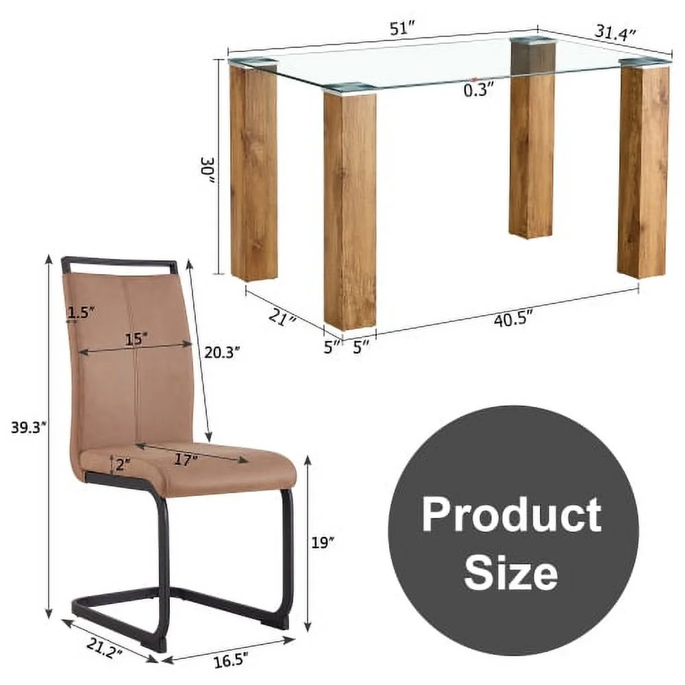 Table And Chair Set, 1 Table And 4 Chairs. A Modern And Minimalist Rectangular Dining Table. Glass Desktop And Wood Colar Mdf Table Legs. Paired With Brown Chairs