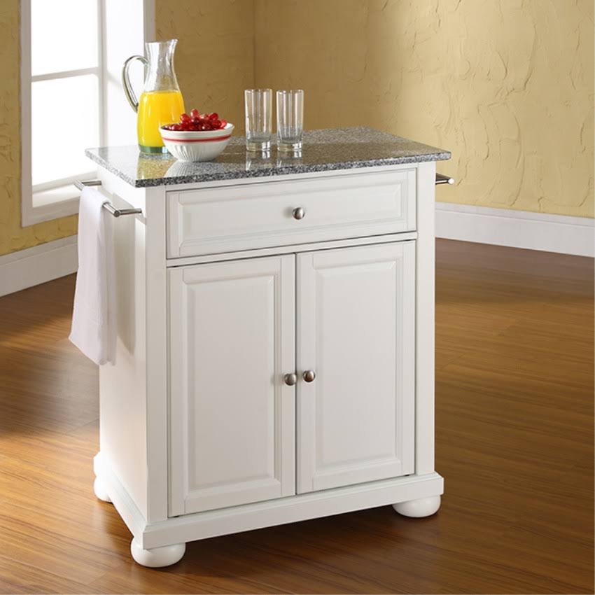 Alexandria Solid Granite Top Portable Kitchen Island in White Finish