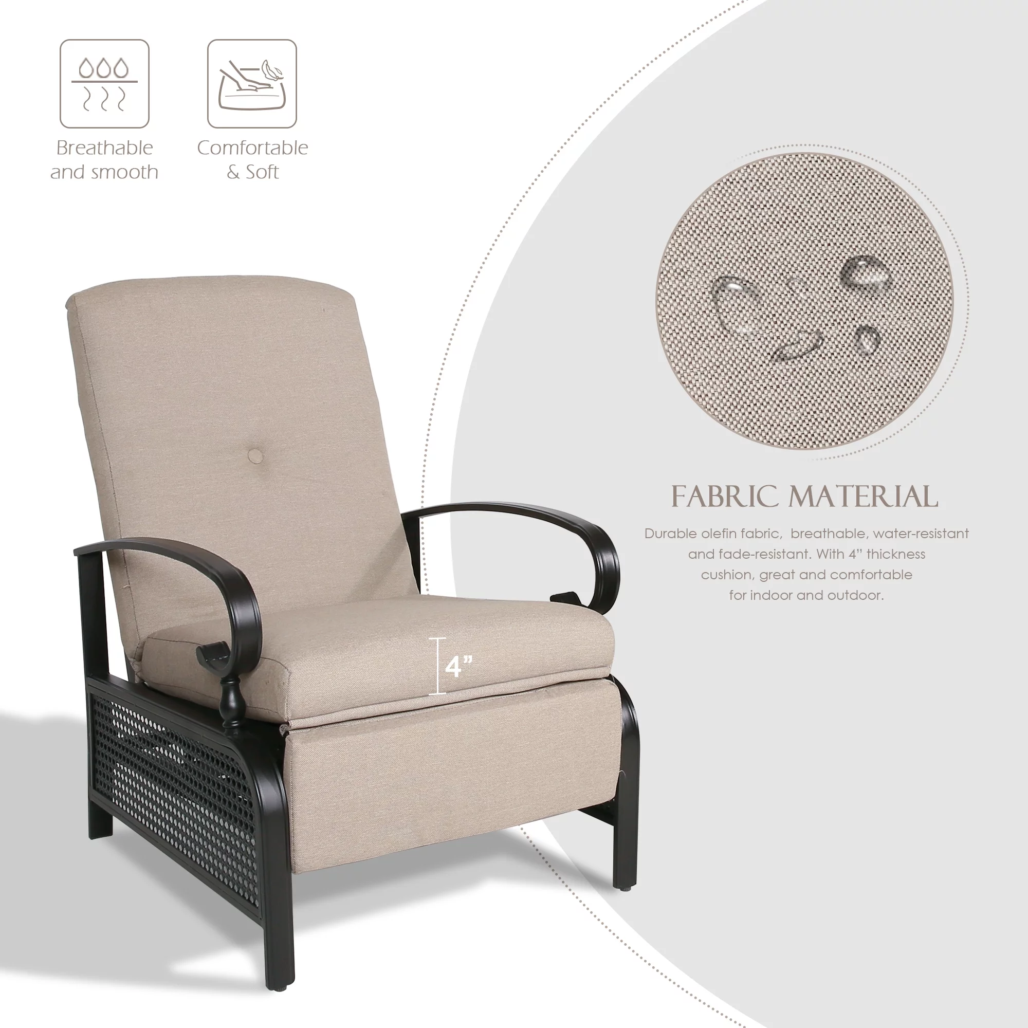 Ulax Furniture 3 Pieces Outdoor/Indoor Metal Recliner Conversation Set, Sailcloth Beige