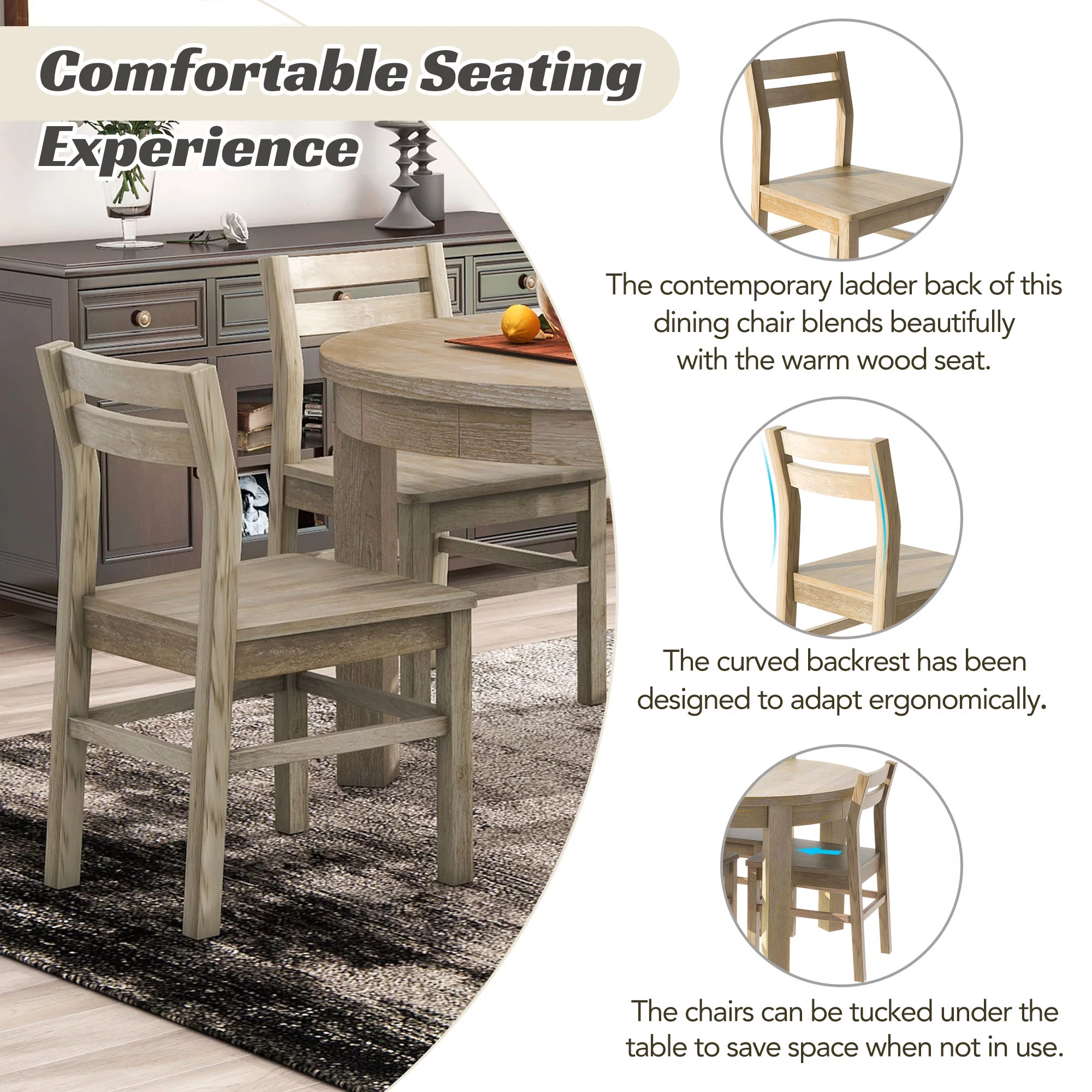 Churanty Round Extendable Dining Table Set Solid Wood Farmhouse 5 Piece Kitchen Dining Set for 4 with Leaf and Drawers,Natural - Curated Treasures Market