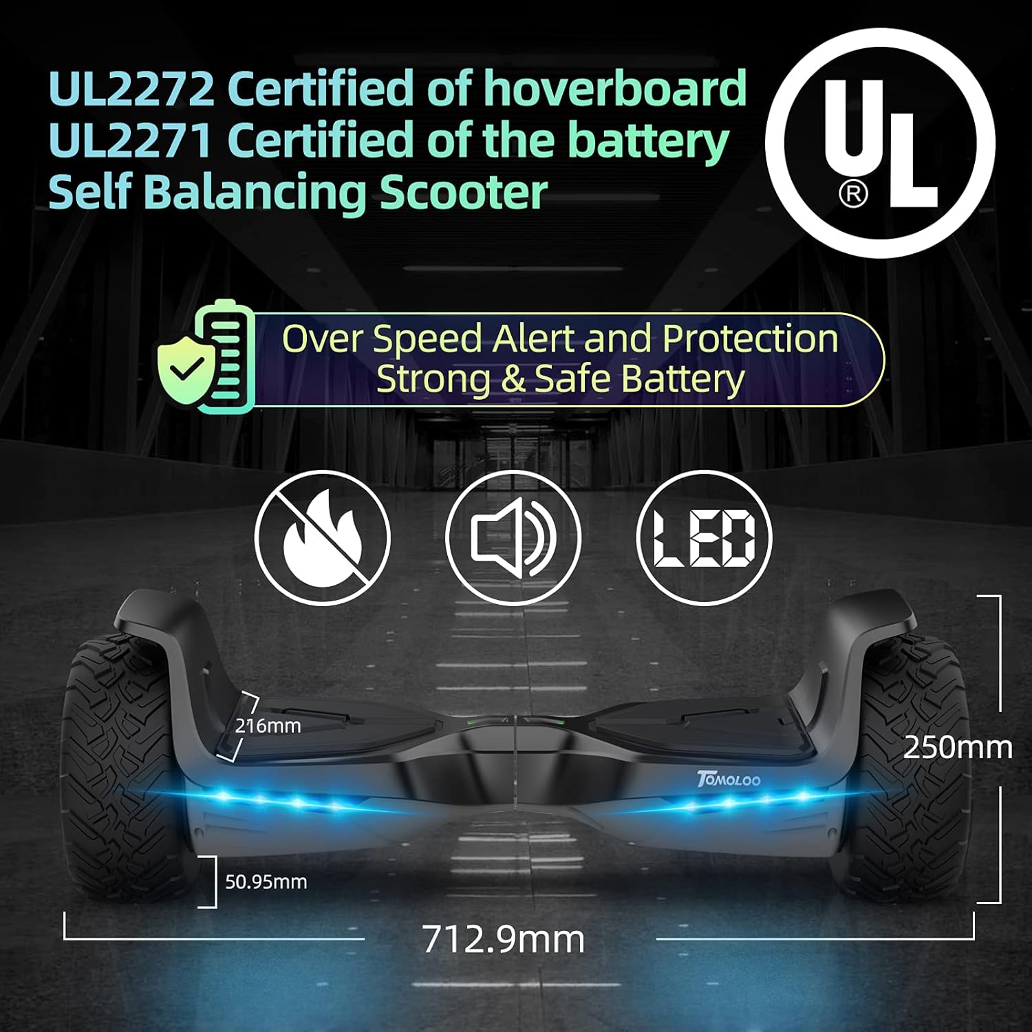 TOMOLOO Hoverboard Offroad All Terrain 8.5 for Kids Hover Board Music-Rhythmed Two-Wheel Self Balancing Adults Huverboard with Bluetooth Speakers and Lights UL2272 Certified and App-Enabled