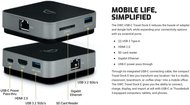 OWC USB-C Travel Dock, 5 Port with USB 3.1, HDMI, SD Card, and 100W Power Pass Through, Space Grey