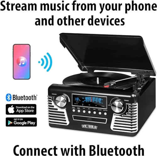 Victrola Haley Retro Bluetooth Record Player & Multimedia Center with Built-in Speakers - 3-Speed Turntable, CD Player, AM/FM Radio, 3.5mm Aux-In, Wireless Music Streaming, Black