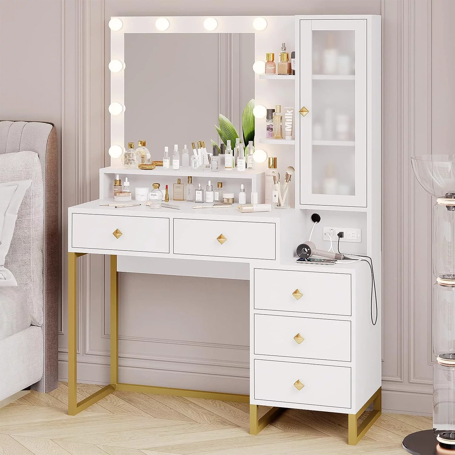 Makeup Vanity with Lights, Vanity Table with Charging Station，Mirror,Makeup Table with with 5 Drawers and Storage Shelves, White