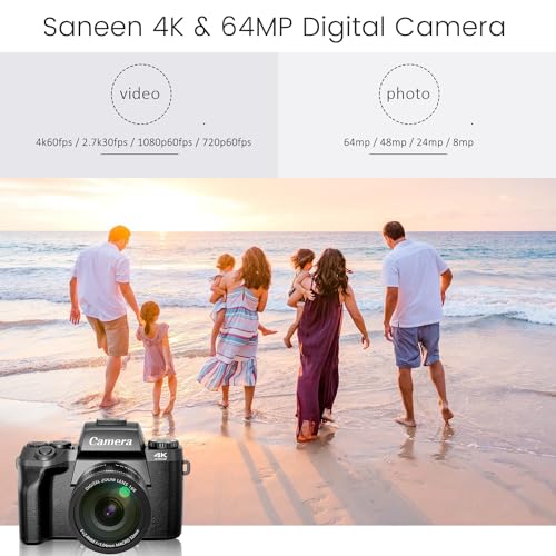 Saneen Digital Camera, 4k Cameras for Photography & Video, 64MP WiFi Touch Screen Vlogging Camera for YouTube with Flash, 32GB Card, Lens Hood, 3000mAH Battery, Front and Rear Cameras - Black