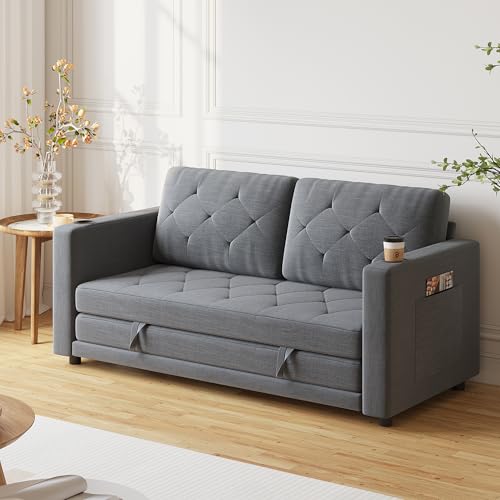Lvifur 3-in-1 Loveseat Sleeper Sofa, Pull Out Sleeper Couch Full Size, Foldable Futon Sofa Bed for Small Space, Convertible Floor Couch with Side Pockets for Living Room (Beige)