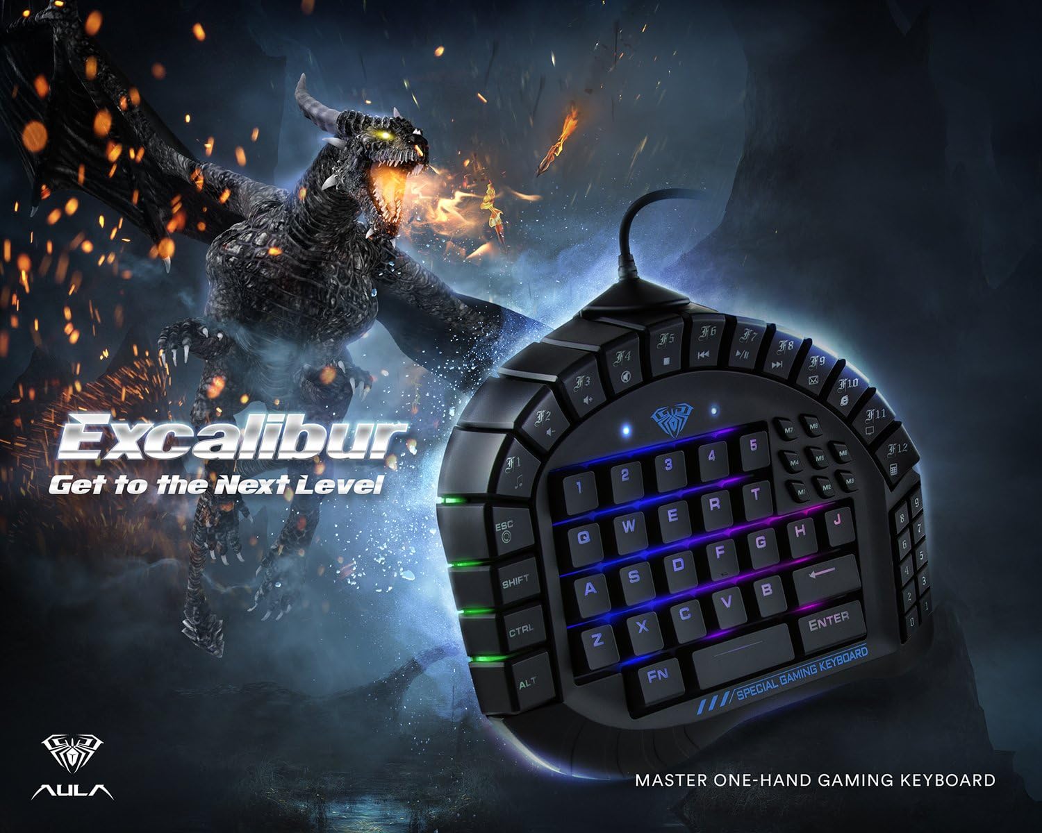 Beastron Aula Excalibur One Handed Mechanical Gaming Keyboard, Blue Switches, Software Customizable RGB Backlit Effects, 8 Programmable Macro Keys, and Removable Wrist Rest