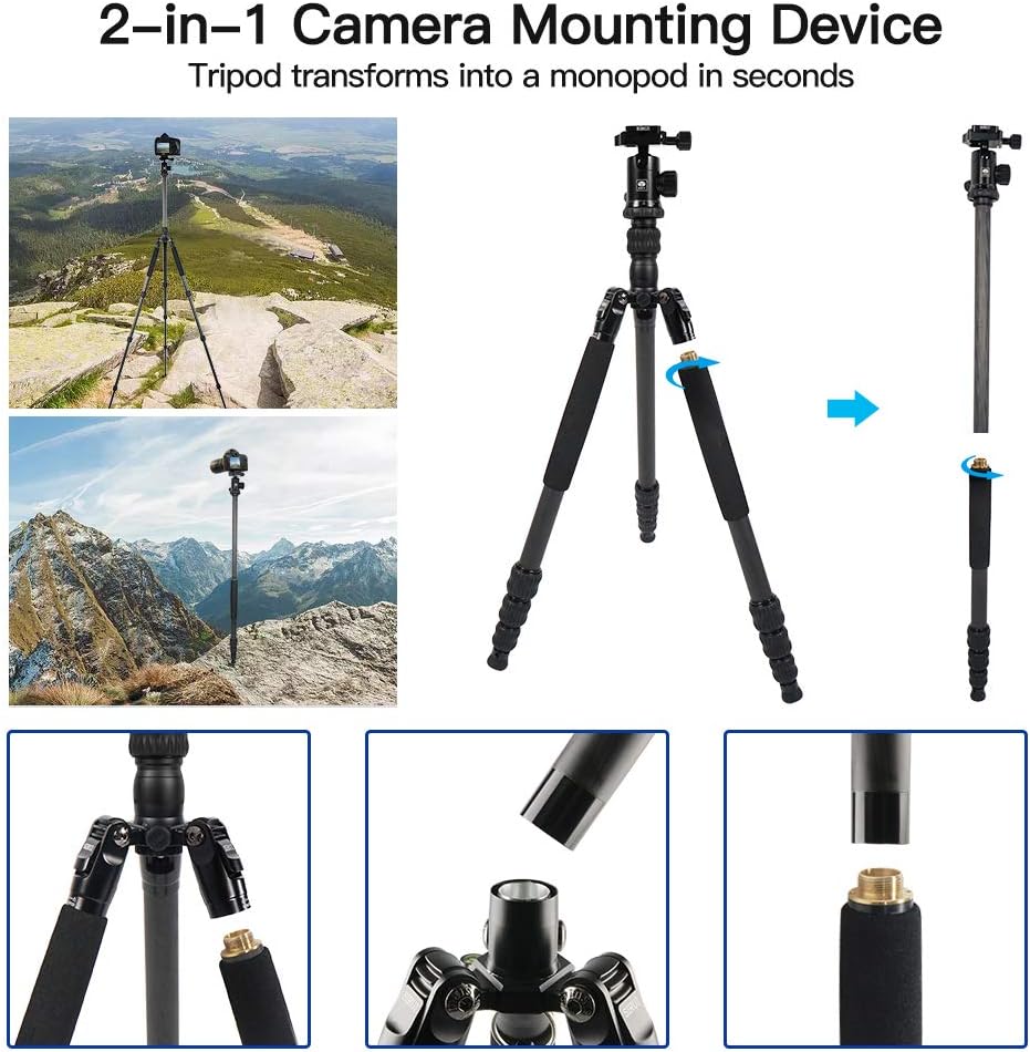 SIRUI Traveler 7C Camera Tripod 65.55 inches Carbon Fiber Arca Tripod with E-10 360° Panorama Ball Head and Arca Swiss Quick Release Plate Load Capacity Up to 17.6lbs, Convertible to Monopod