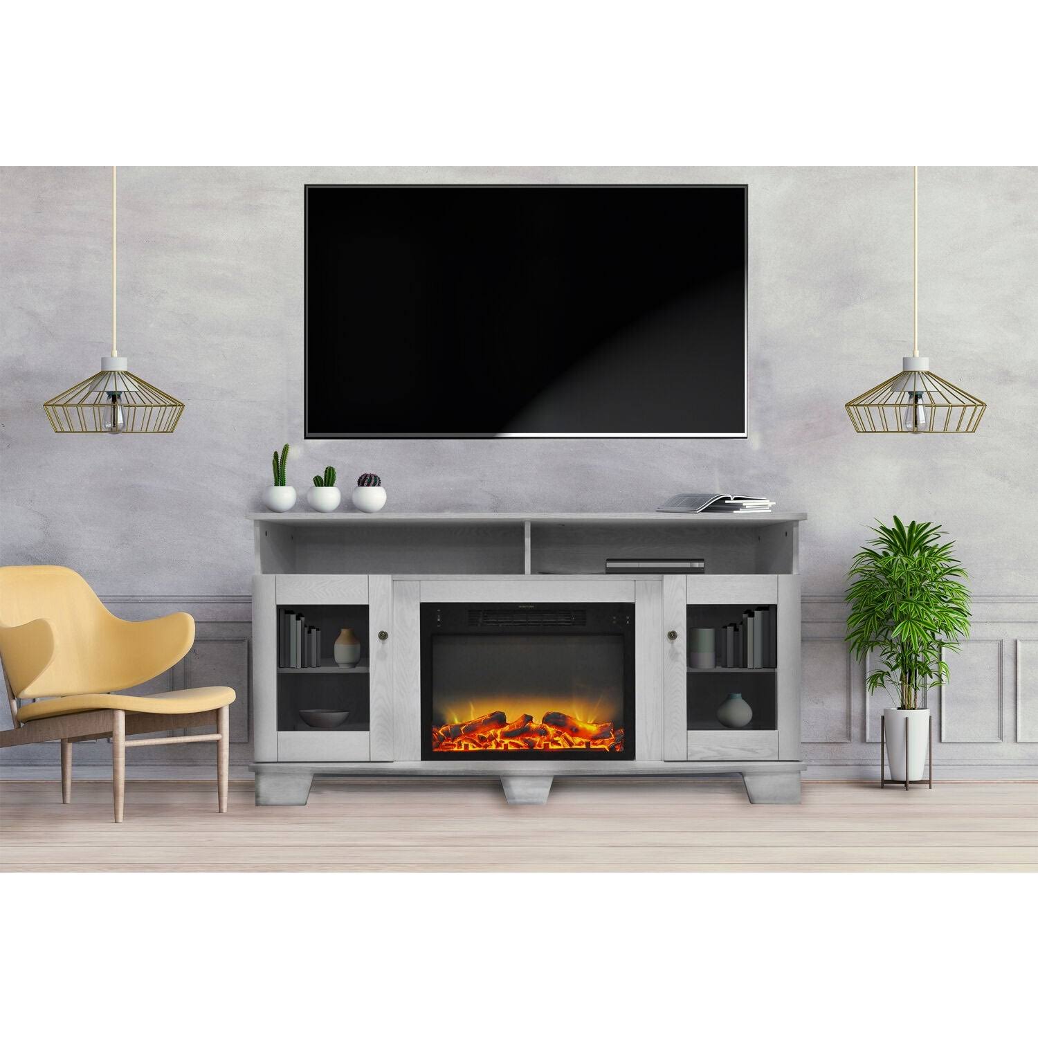 Cambridge Savona 59 in. Electric Fireplace in White with Entertainment Stand and Enhanced Log Display