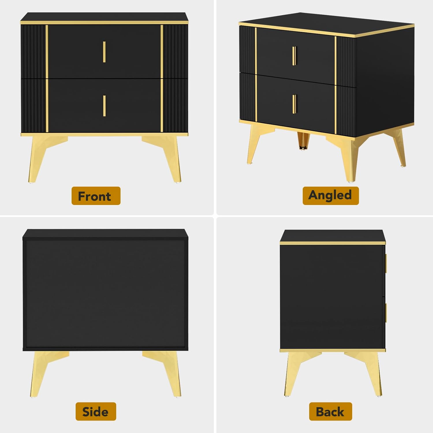 Wakefit Nightstands Set of 2, Light Luxury Bedside Table with 2 Wood Drawers, End Tables with Metal Handles and Metal Legs for Bedroom, Stripe Double (Black)