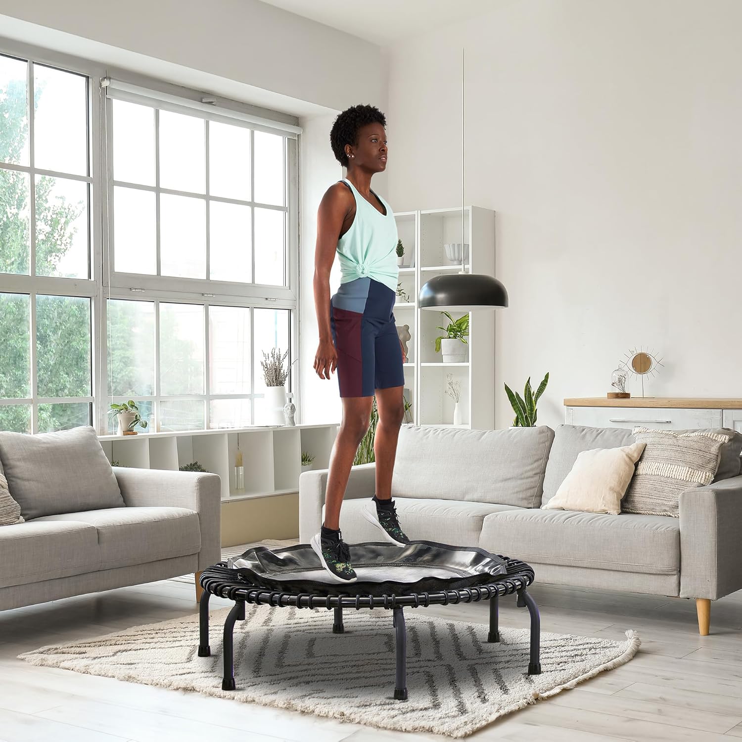 JumpSport 430 Home 44 Inch Low Impact Adult Mini Exercise Fitness Rebounder Trampoline with Streaming Videos and Workout DVDs, Black