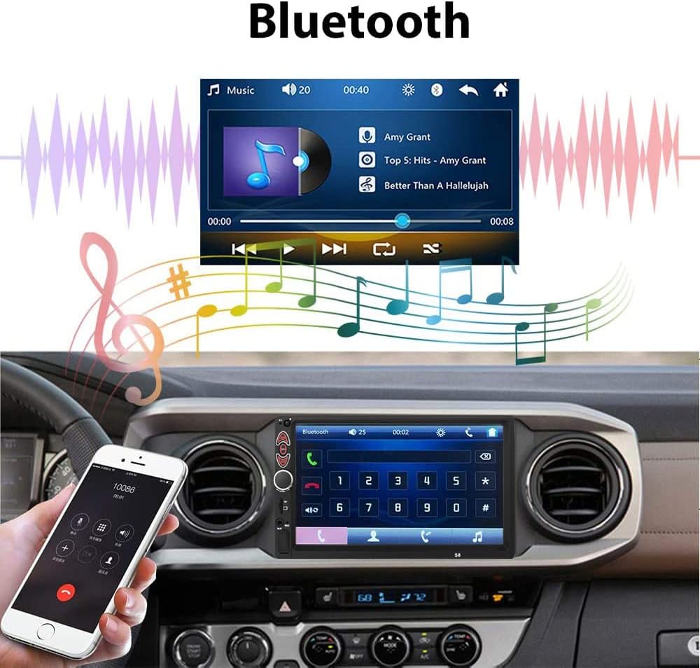 Double Din Car Stereo-7 Inch Touchscreen Car Audio,Double Din Radio Compatible with BT TF USB MP5/4/3 Player FM,Car Radio Support Backup Rear View Camera, Mirror Link ,Caller ID, Car Audio Receivers