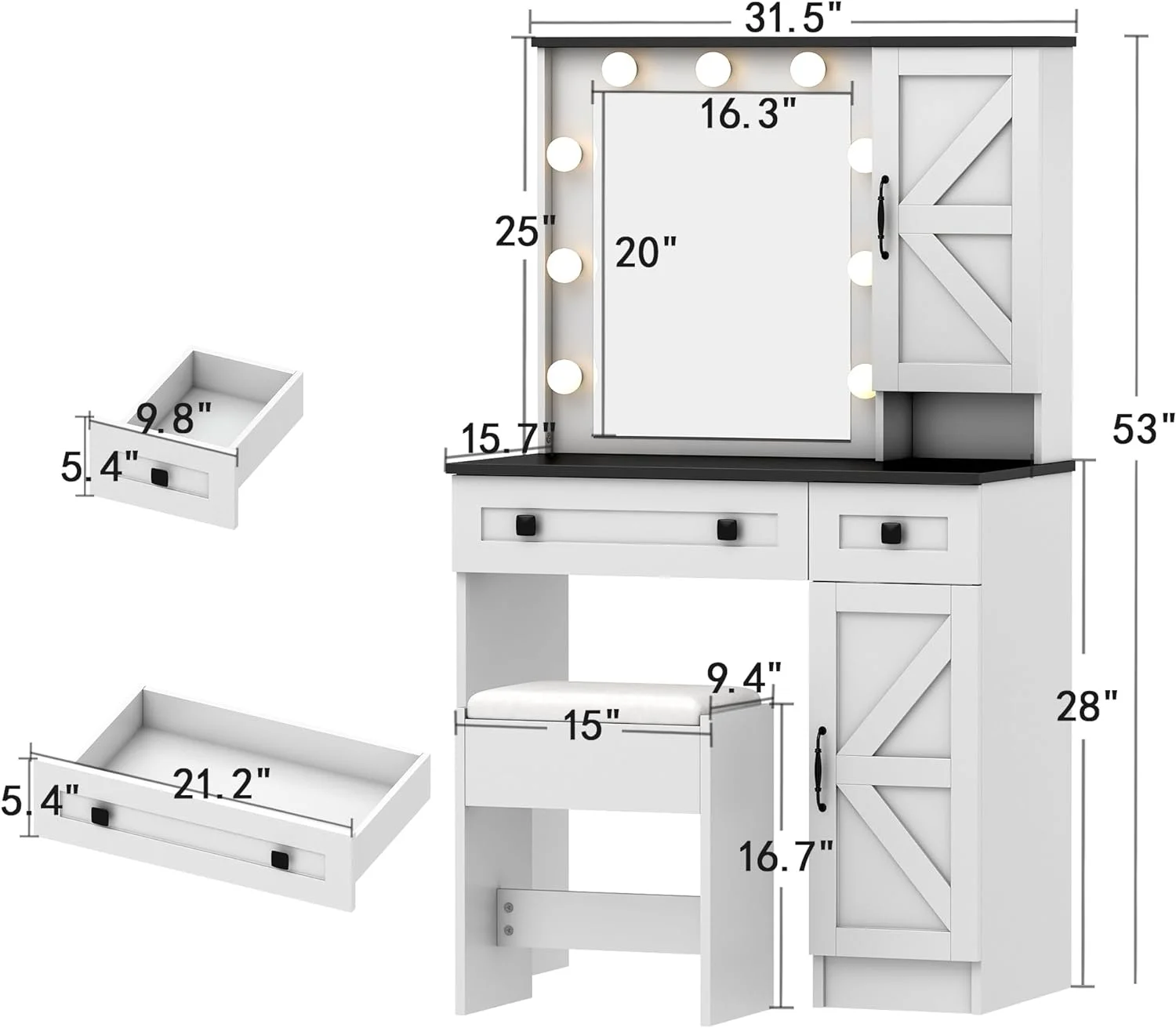 Wanan 31.5" Makeup Vanity Desk with Lights,  Farmhouse Vanity Table and Bench Set with Power Outlet