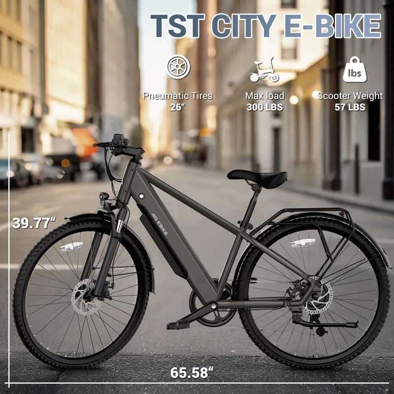 TST Electric Bicycle for Men, 500W Adult Step-Over Electric Bike, 26" Electric Mountain Bike, 7-Speed, LCD Display, Range up to 45 Miles & 22 MPH Max Speed, Iron Gray