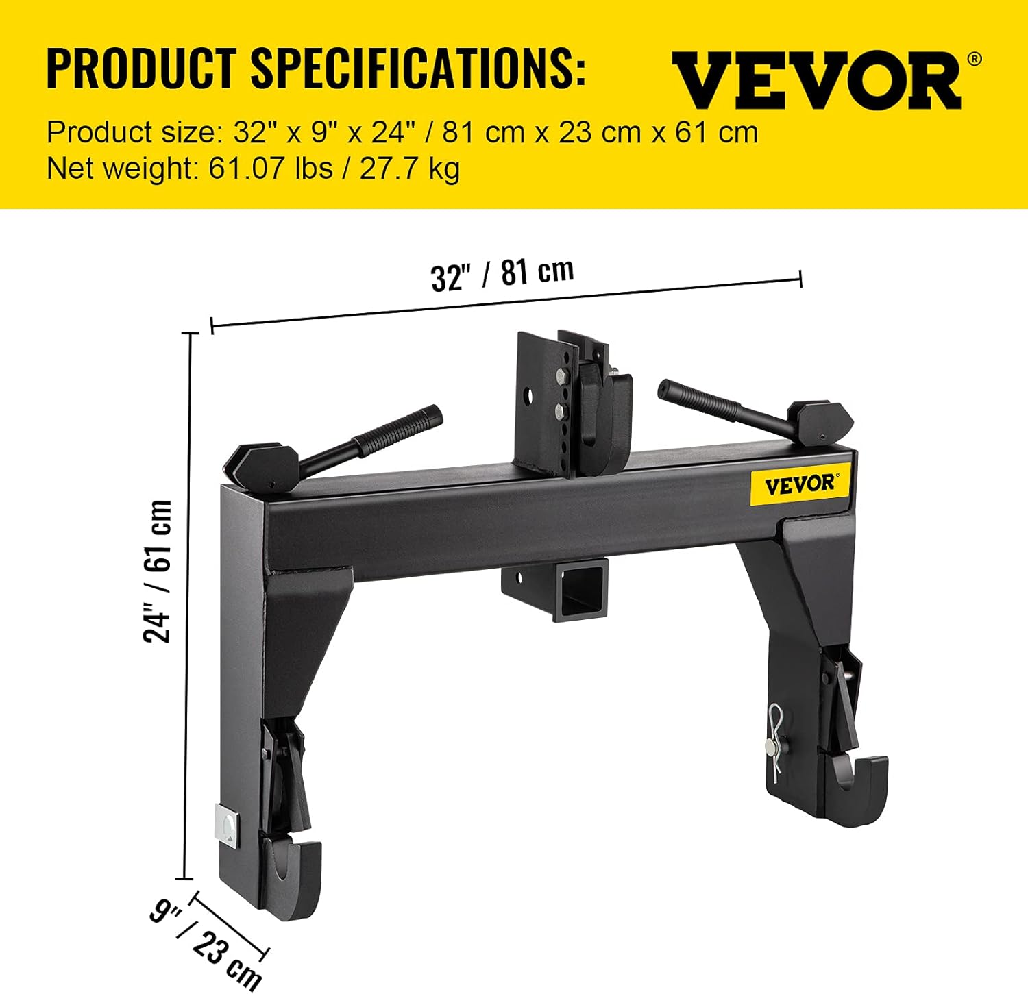 VEVOR 3-Point Quick Hitch, 3000 LBS Lifting Capacity Tractor Quick Hitch, 26.6" Between Lower Arms Attachments Quick Hitch, No welding & 5 level Adjustable bolt, Adaptation to Category 1 & 2 Tractors