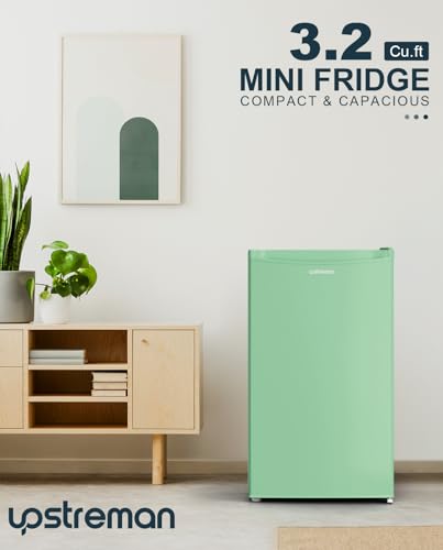 Upstreman 3.2 Cu.Ft Mini Fridge with Freezer, Single Door Mini Fridge, Dorm Fridge, Adjustable Thermostat, Mini Refrigerator for Bedroom, Office, Dorm, Black-BR321