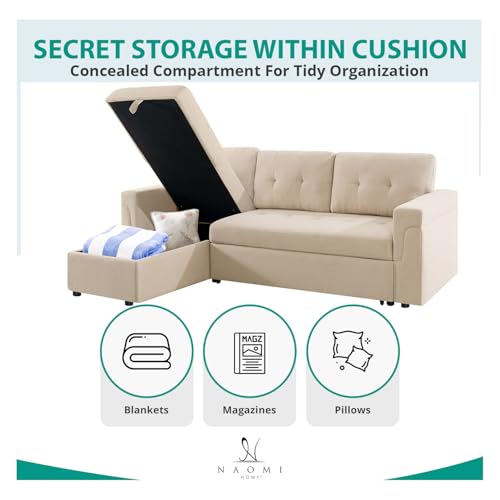 Naomi Home Jenny Sectional Sofa Sleeper with Storage Chaise, Tufted Pull Out Couch with Storage, L-Shaped Reversible Sleeper Sofa with Storage, Black,Air Leather