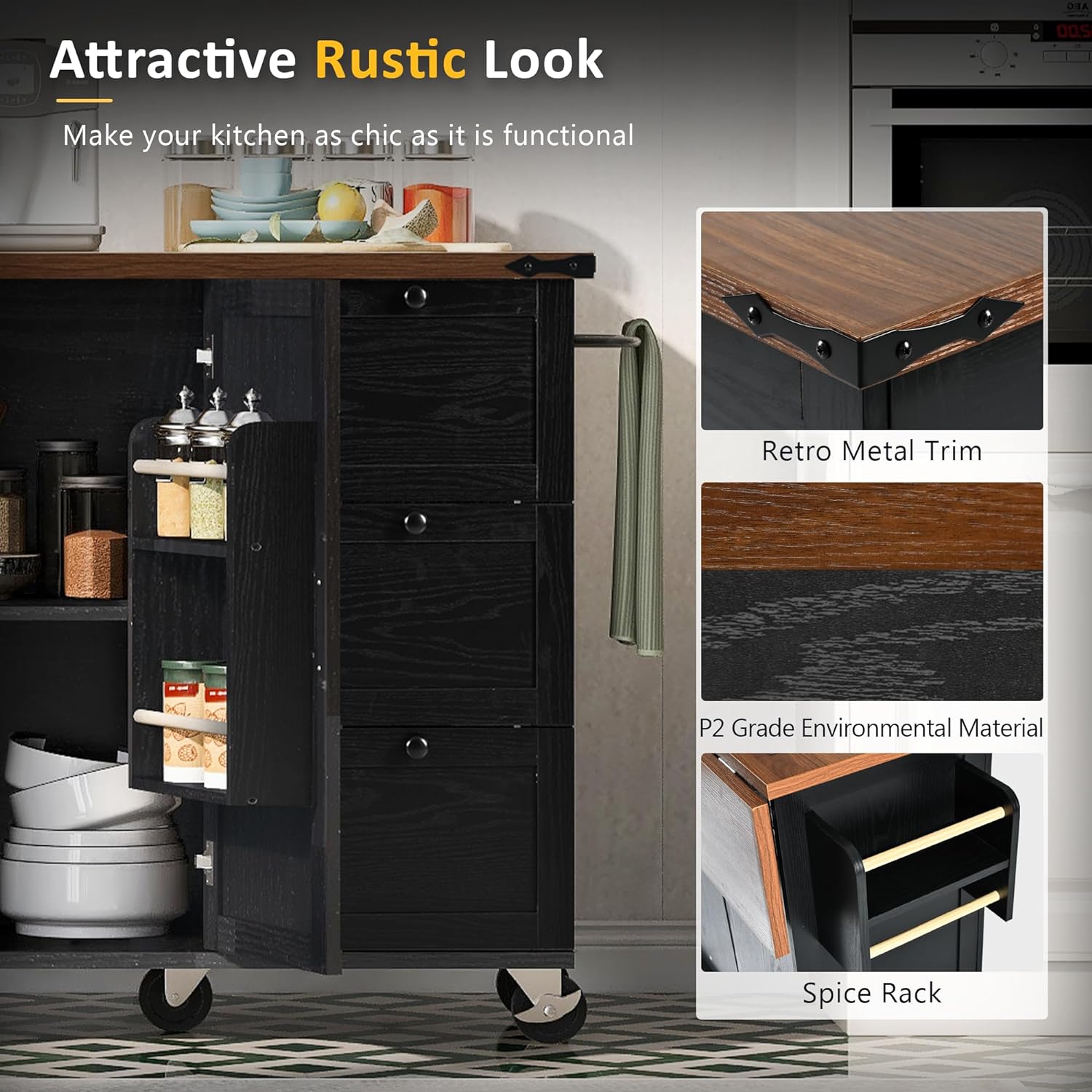 roomfitters 54.5" Farmhouse Kitchen Island with Power Outlet, Kitchen Storage Island with Internal Storage Rack, Drop Leaf, Spice Rack, Rolling Kitchen Cart, for Home, Kitchen and Dining Room (Black)
