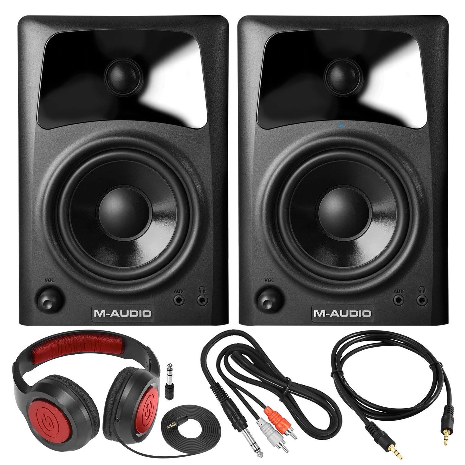 M-Audio AV42 Compact Studio Monitor Speakers for Professional Media Creation (Pair) with Samson Headphones and Assorted Cables A