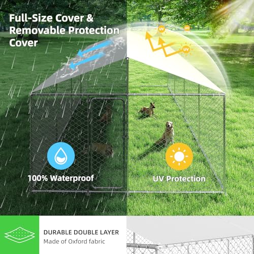 7.8x7.8 FT Extra Large Outdoor Dog Kennel Outside, Heavy Duty Dog Enclosure with Waterproof Cover and Security Lock, Galvanized Chain Link Dog Cage for Large Dogs