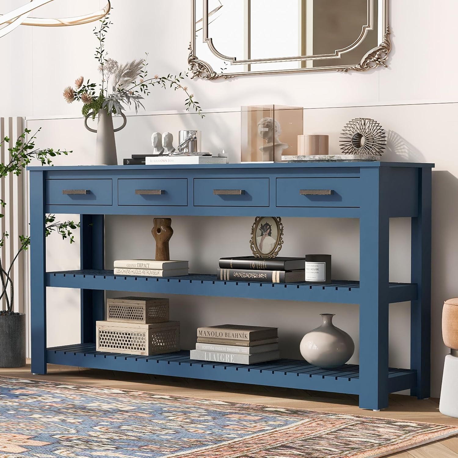 Modern 62'' Console Table Sofa Entryway Table with 4 Drawers and 2 Shelves, Acacia Wood Kitchen Buffet Cabinet Sideboard, Accent Table Furniture for Entryway Kitchen Living Room (Navy Blue-3.5)