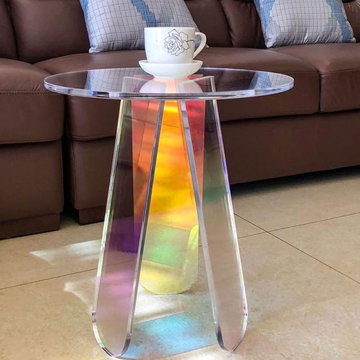 Acrylic Side Table Colorful Glass Round End Table, Beautiful Small Narrow Bedside Couch Sofa Side Tables for Drink Snack Magazine Living Room Bedroom, Clear Suncatcher Night Stands, 18 inch