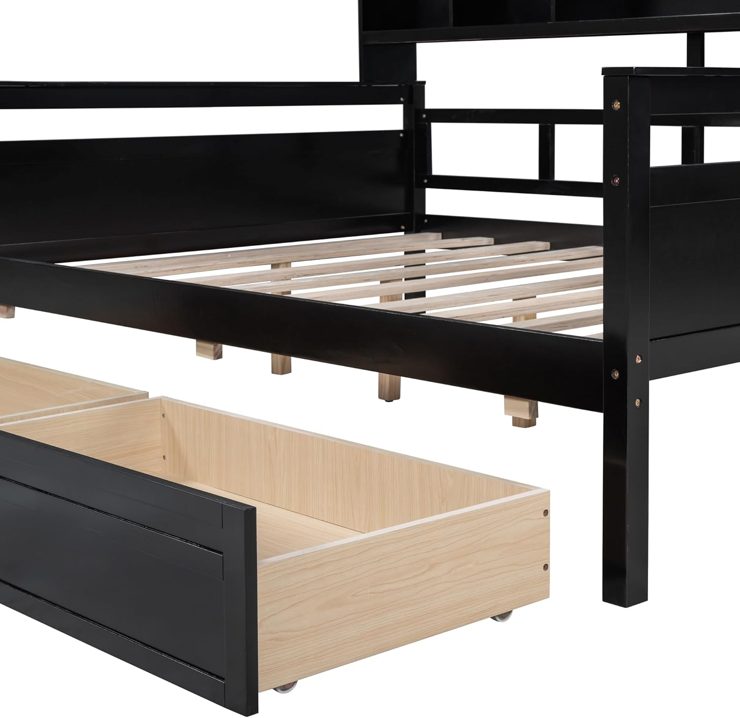 Full Size Wood Daybed with 2 Storage Drawers and Bedside Shelves, Sofa Bed Frame for Livingroom, Bedroom, Espresso