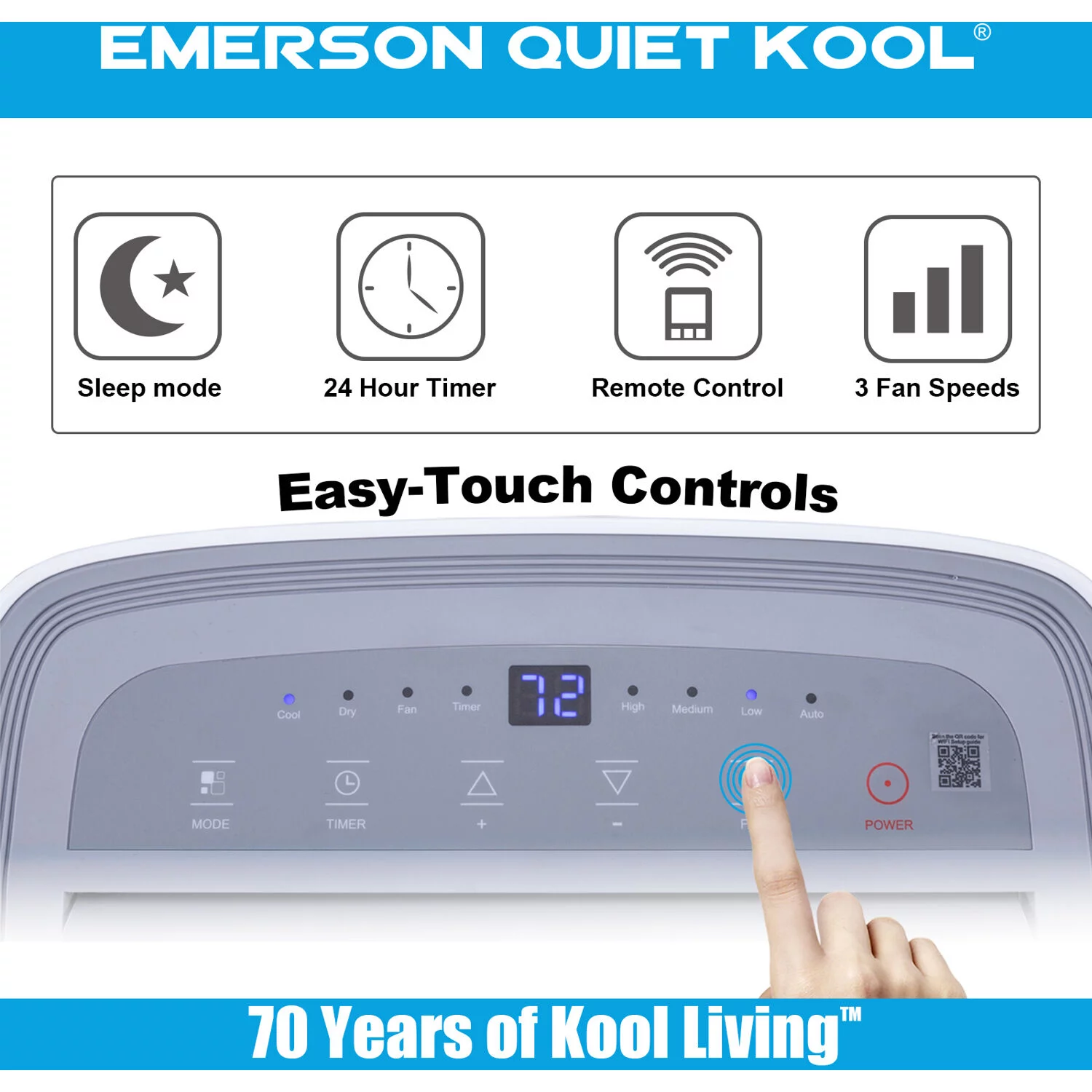 Emerson Quiet Kool 3 in 1 Portable Air Conditioner, Dehumidifier & Fan with Remote Control | for Rooms up to 350 Sq.Ft. | Digital Display | 24H-Timer | White | EAPC6RC1
