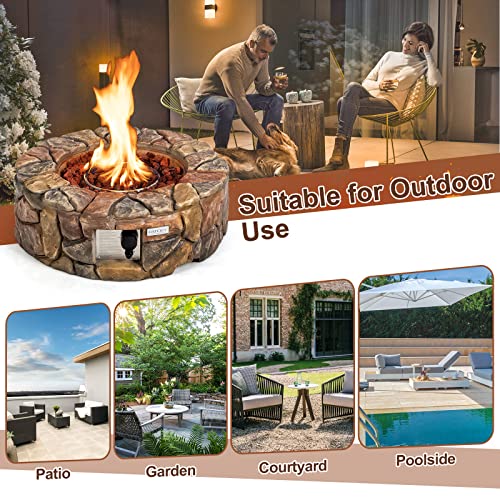 Tangkula 28 Inch Round Propane Gas Fire Pit, Patiojoy 40,000 BTU Stone Look Outdoor Propane Fire Pit with Lava Rocks & PVC Cover, Faux Stone Gas Fire Pit Table for Patio, Courtyard, Garden (Brown)