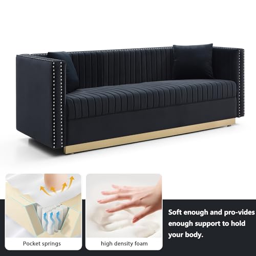 78" Velvet Couch, Modern Channel Tufted Sofa Couch with 2 Pillows, 3 Seater Upholstered Couches with Gold Metal Legs and Nailhead for Living Room, Apartment and Office (Black)