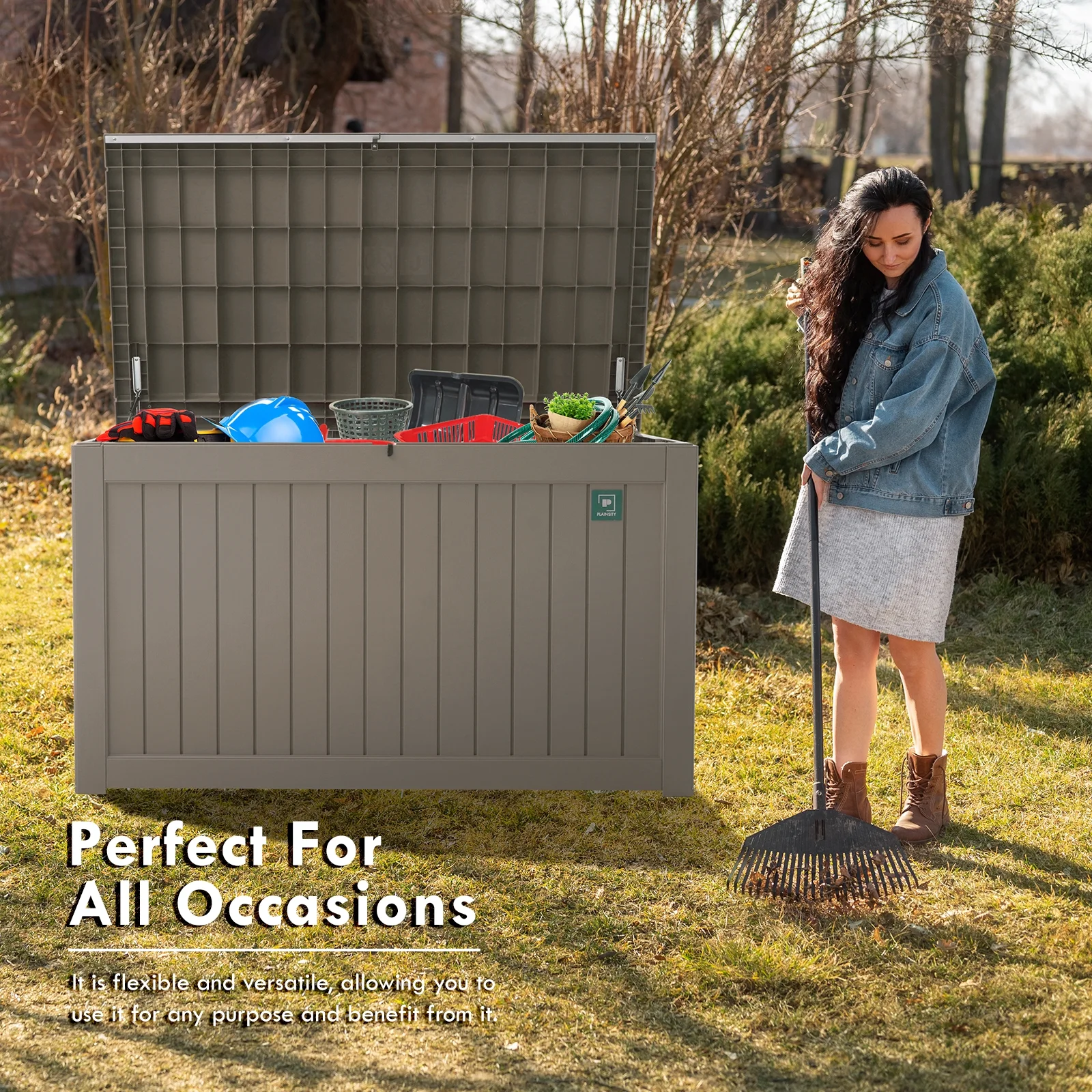 Plainsity 230 Gallon Large Deck Box, Resin Outdoor Storage Box Waterproof Lockable Container for Backyard Cushion, Patio Furniture, Toys, Pool Accessories, Garden Tools and Equipment Light Brown - Curated Treasures Market