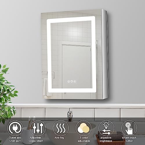 Lighted Medicine Cabinet with Mirror Electrical Outlet,20 X 26 Led Medicine Cabinet Mirror for Bathroom,Internal Light,Recessed Or Surface Wall Mounted, Defogger, Dimmer,Large Angle Hinge