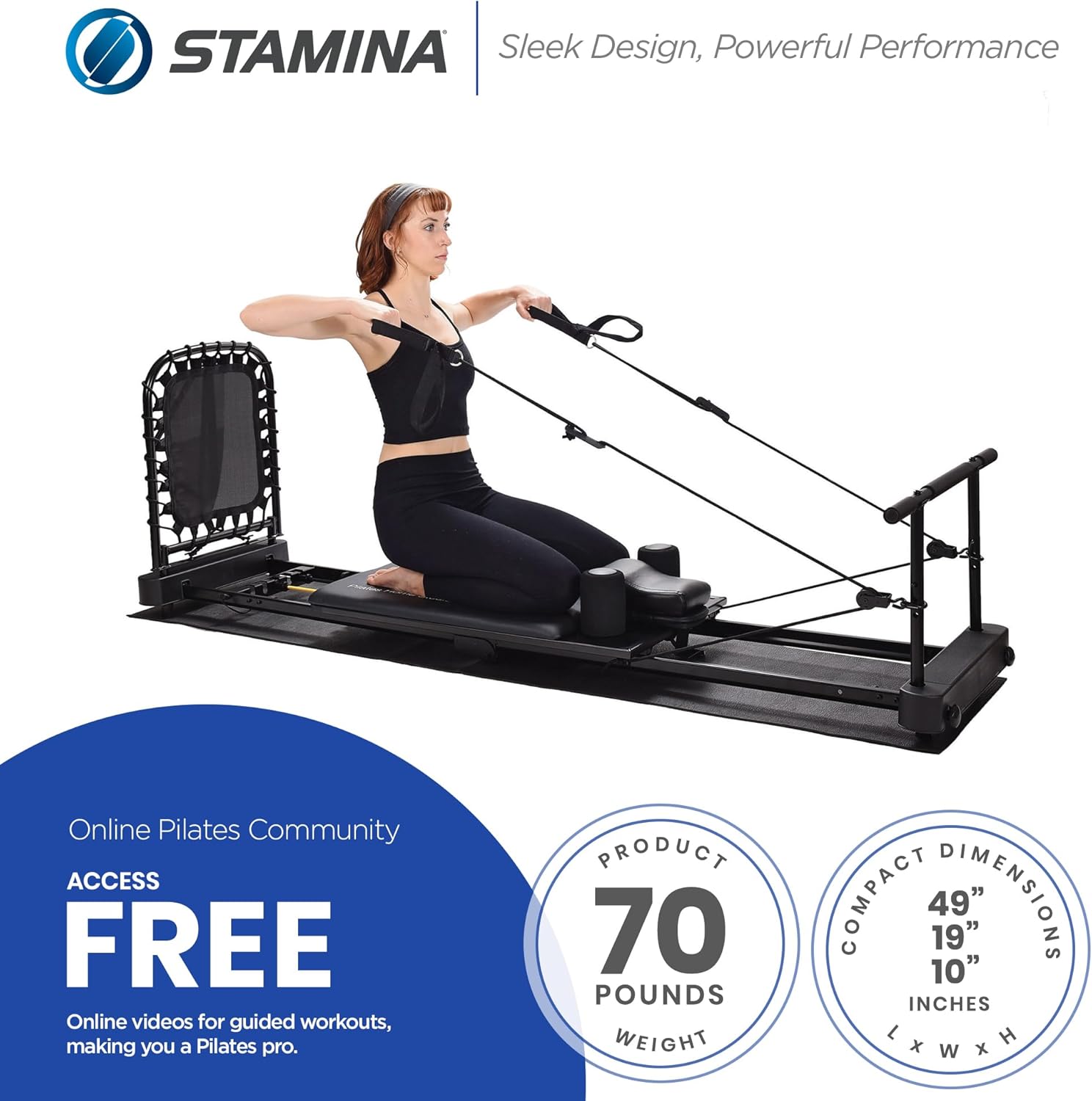 Stamina Products Pilates Home Studio Foldable Reformer, Complete Workout System for Fitness Enthusiasts, All in One Pilates Experience, Black