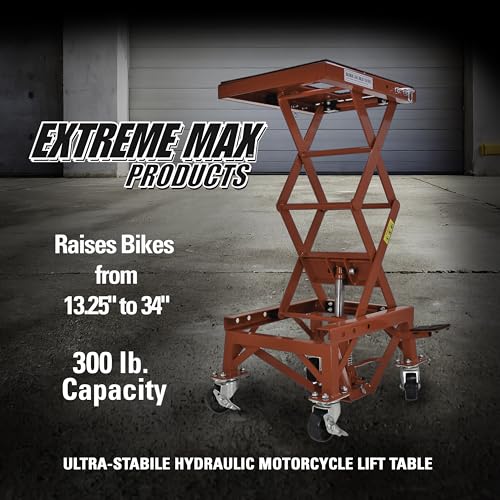 Extreme Max 5001.5083 Ultra-Stabile Hydraulic Motorcycle Lift Table with Foot Pad Lift Function - Raises Bikes from 13.25" to 34", 300 lbs. Weight Capacity, Red