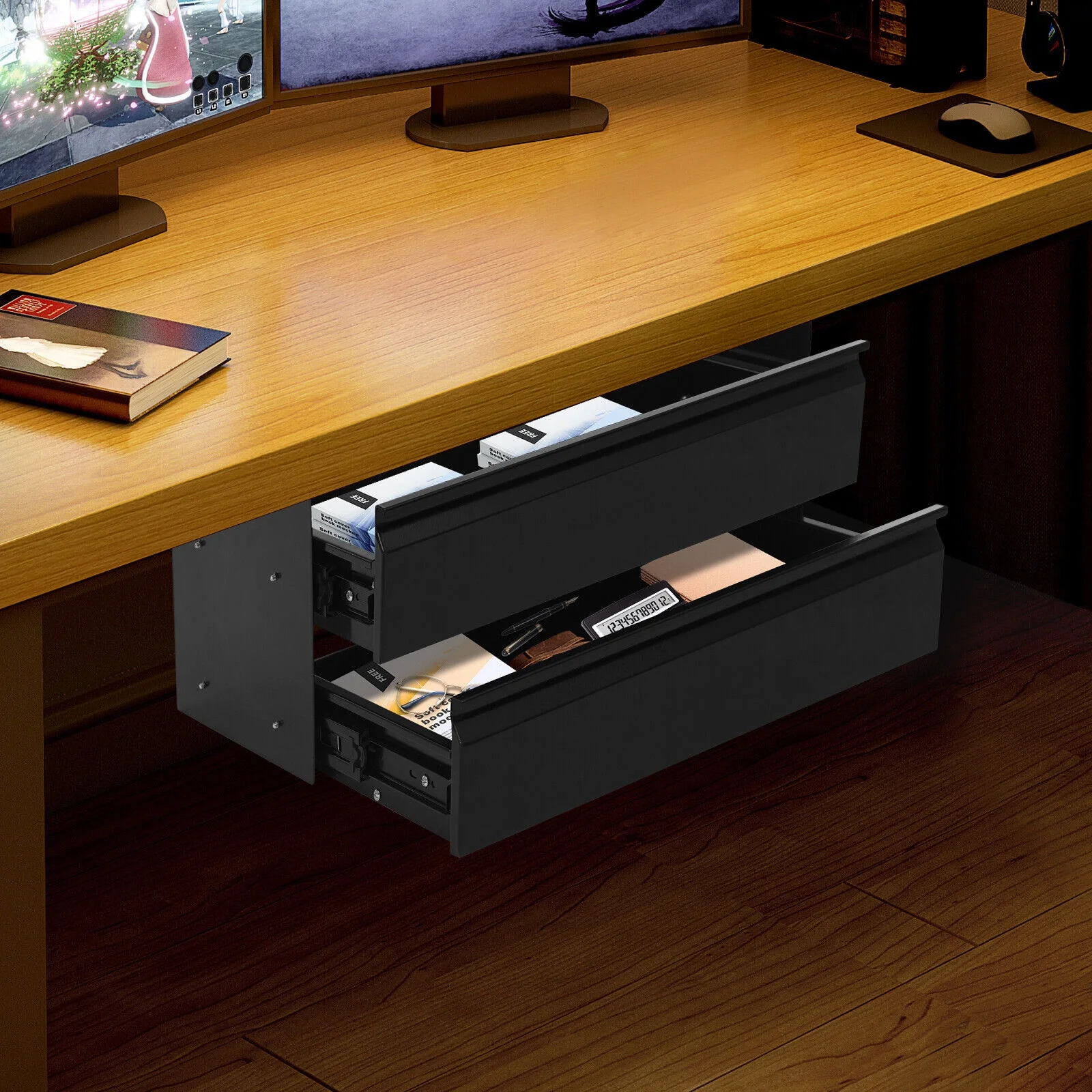 2-Tier Under Desk Sliding Drawer Organizer, Black Steel Pull-Out Storage Tray for Office Study, 6.6LB Capacity
