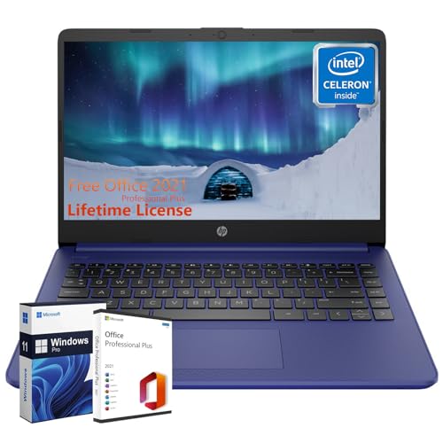 HP Ultra-Thin Everday Laptop Computer - Windows 11 Pro, 14 inch HD Display, Intel Celeron Quad Core CPU, 1-Yr Office 365, Wi-Fi, Long Battery Life, with 256GB Storage & Mouse