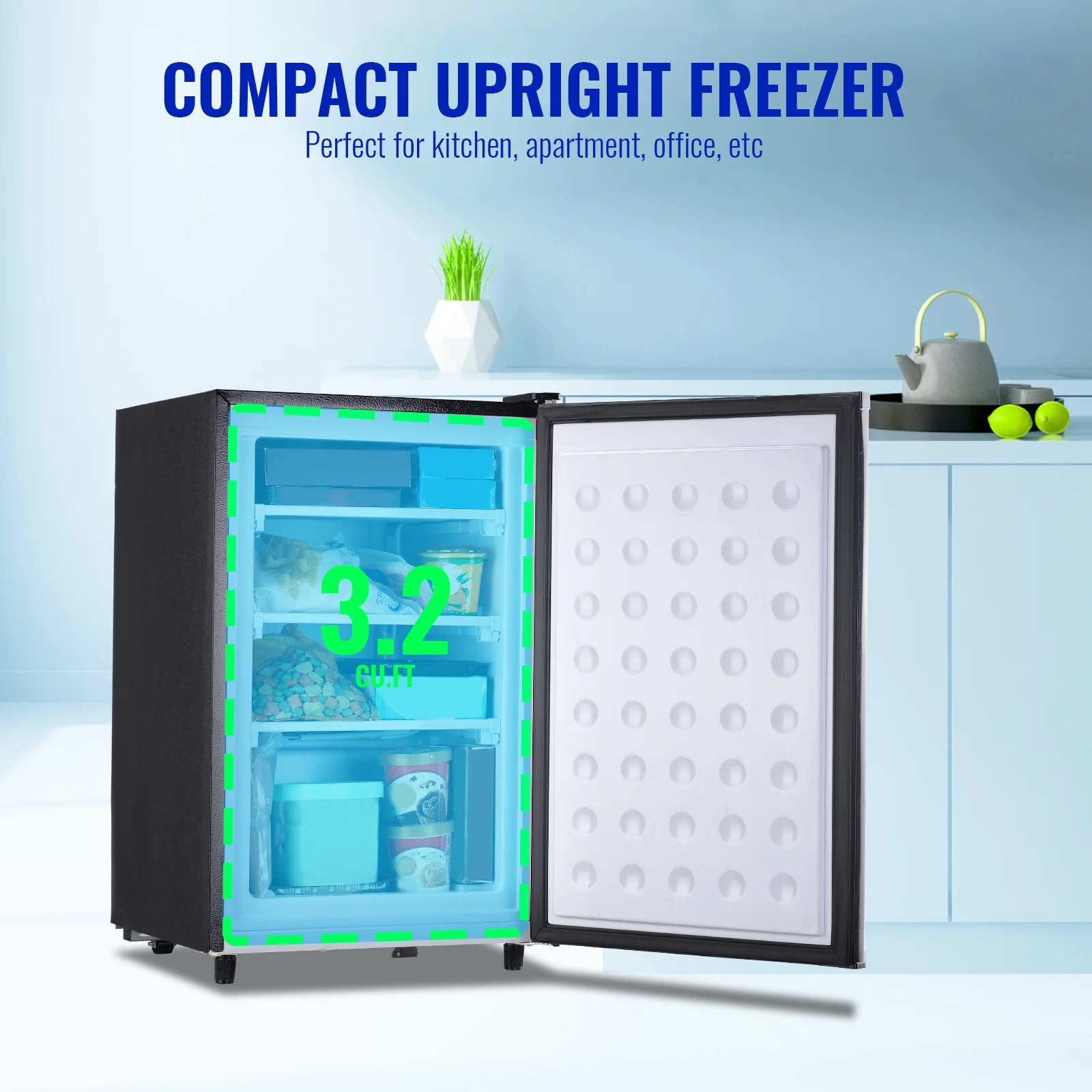 DEMULLER Single Door Compact Freezer with 7 Adjustable Temp Control, Silver 3.2 Cu.Ft Upright Freezer