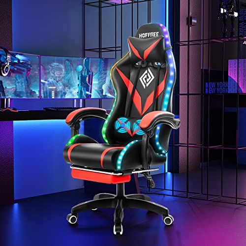 Gaming Chair with Massage and LED Lights Ergonomic Video Game Chairs with Footrest High Back Reclining Computer Chair with Adjustable Lumbar Support Blue and White