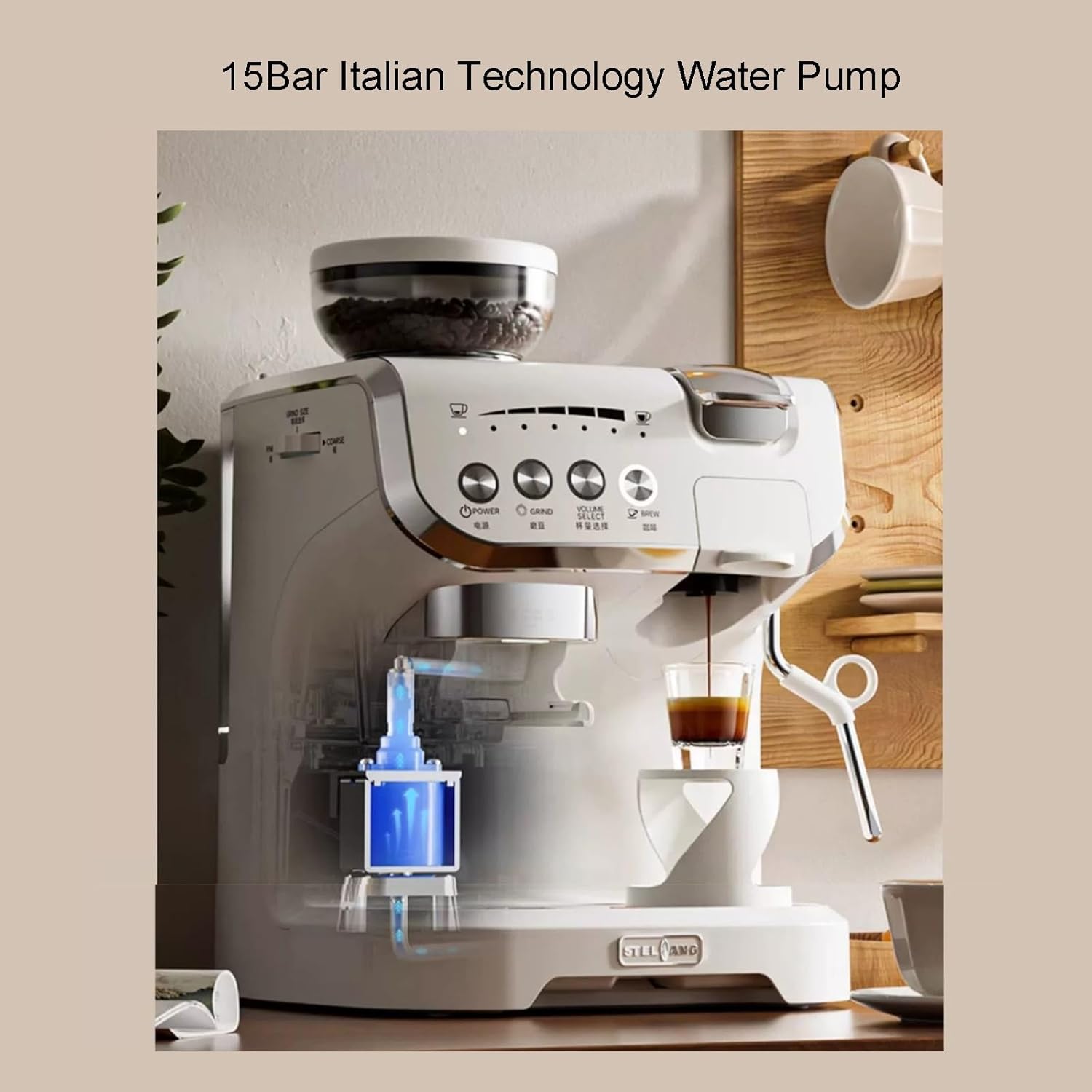Espresso Machine 15 Bar, Coffee Maker With Steam Wand, Built-In Bean Grinder, Combo Machine with 2L Removable Water Tank