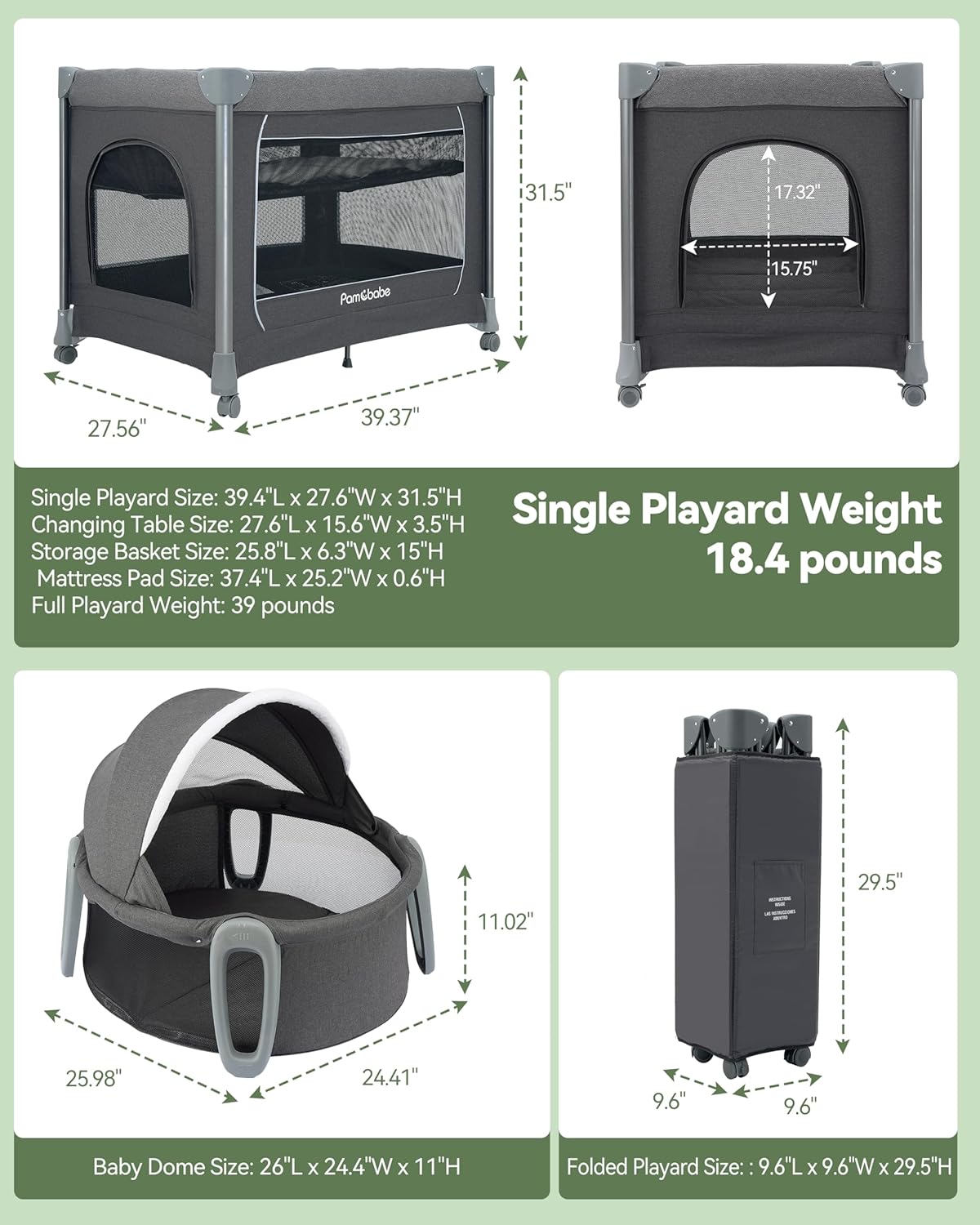 Pamo Babe 4 in 1 Deluxe Nursery Center, Magic Fold Portable Baby Playard with Zipper Gate, Foldable Baby Yard with Changing Table, Detachable Baby Bassinet
