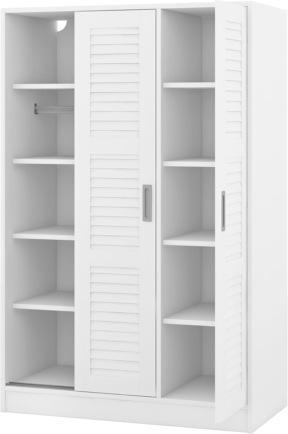 3 Doors Wardrobe Armoire Closet with Storage Shelves and Hanging Rail, Wood Shutter Bedroom Clothes Cabinet Organizer, White
