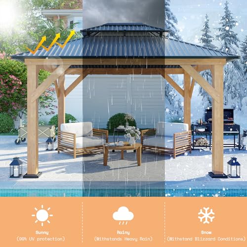 AMERLIFE 10x12 Wood Gazebo, Hardtop Gazebo with Aluminum Double Roof, Outdoor Gazebo with Wood Frame for Parties, Backyard, Lawns, Patio, Black + Natural Wood