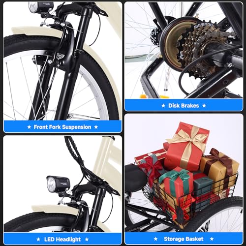 Electric Tricycle for Adults 24"&26" 3 Wheel Mountain Electric Bicycle with Basket, 350W Powerful Motor, 36V Detachable Battery, 7 Speed Fat Tires Electric Trike