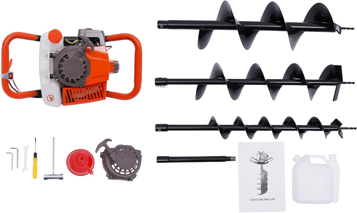 71CC Earth Auger 2 Stroke Gas Powered Post Hole Diggers Borer Fence with 4''6'' and8'' Drill bits and 12'' Extenstion Rod Heavy Duty Auger Post Hole Diggers(8500rpm)