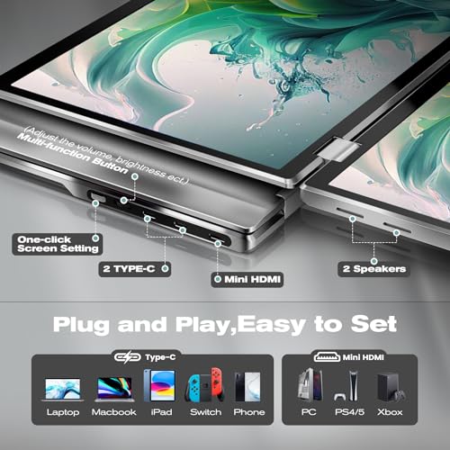 Laptop Screen Extender, Portable Monitor for Laptop 12" Full HD IPS Display, Dual Monitor Extender Compatible with 13-16 Inch Windows, Chrome & Mac