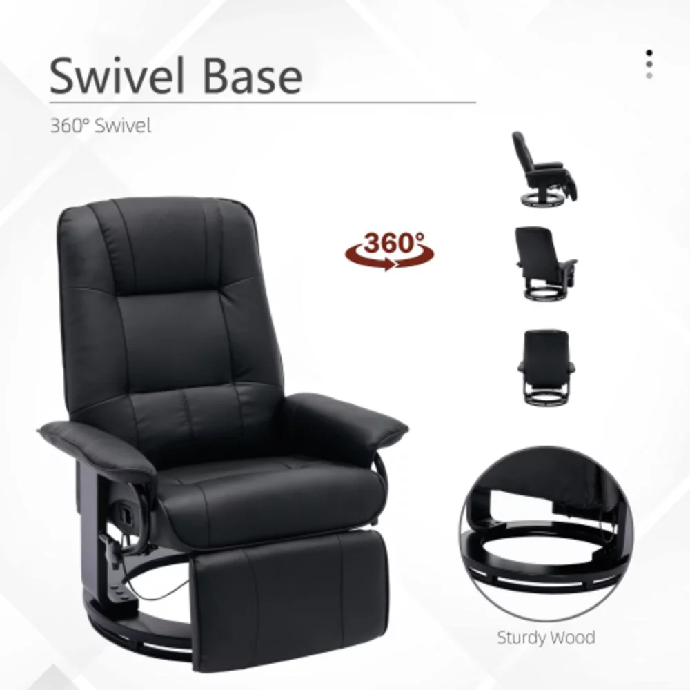 Faux Leather Manual Recliner,Adjustable Swivel Lounge Chair with Footrest,Can Rotate 360 Degrees,L-right Angle Curved Wooden Frame, Armrest and Wrapped Wood Base for Living Room,Black