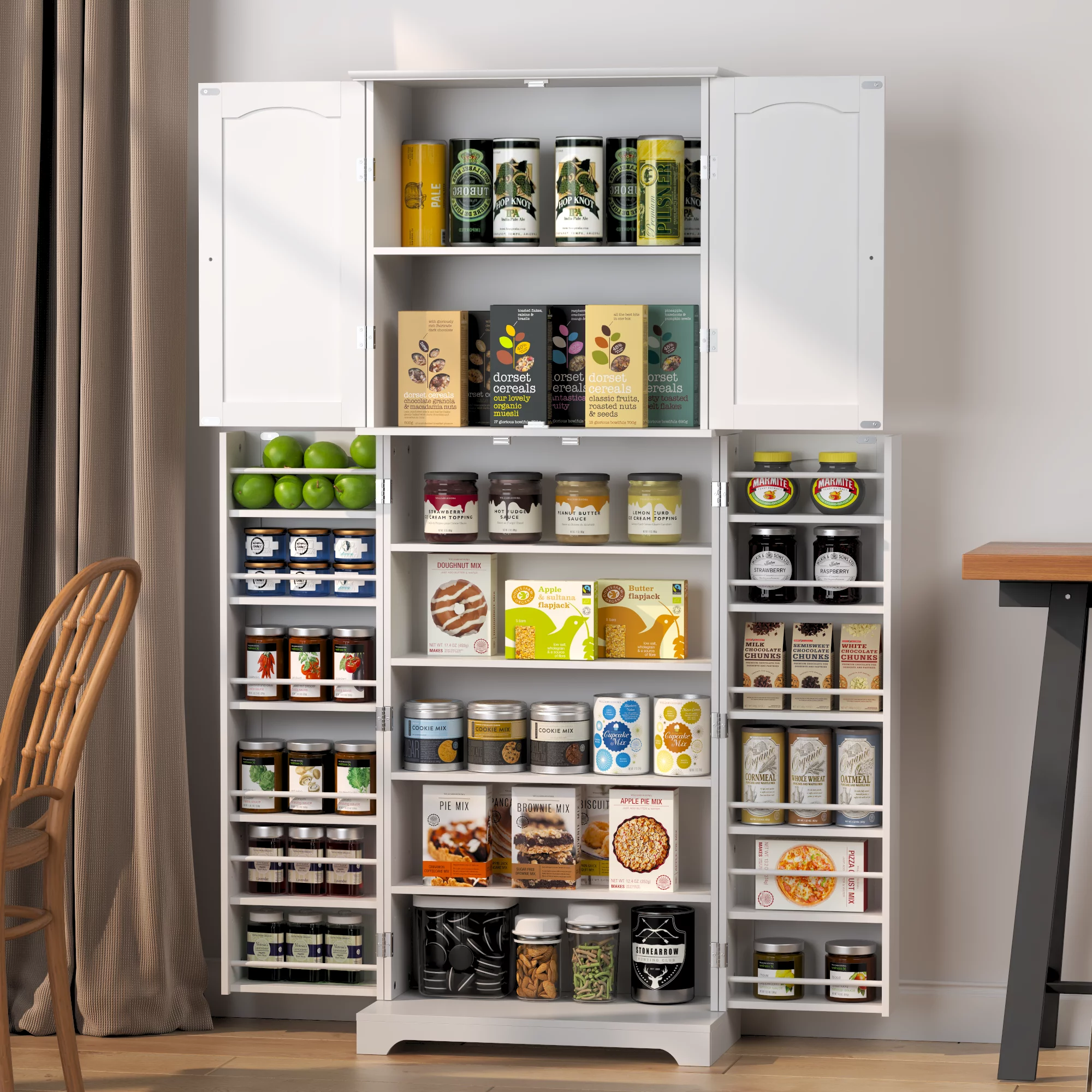 HOMEFORT Tall Kitchen Pantry Storage Cabinet with Doors and Shelves, Wooden Food Pantry Farmhouse Cupboard Freestanding Buffet for Kitchen Dining Living Room, White