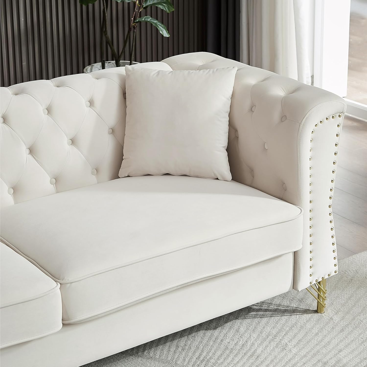 3-seater + 2-seater Combination Sofa Tufted Couch with Rolled Arms and Nailhead for Living Room, Bedroom, Office, Apartment, four pillows (Beige)